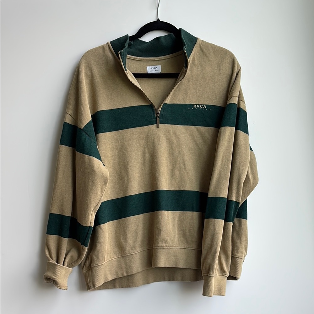 RVCA Women’s Tan and Green Striped Zippered Pullover Sweater